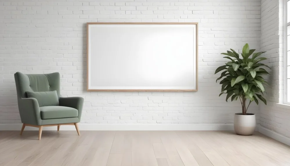 A Minimalist Interior Scene Featuring A White Brick Wall A Large Empty White Frame Mounted On The Wall A Light Colored Wooden Floor A Soft White Rug A Small Green Potted Plant Beside The Frame And A Simple Gray Ar 11 8590
