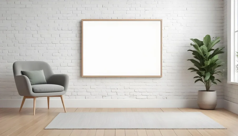 A Minimalist Interior Scene Featuring A White Brick Wall A Large Empty White Frame Mounted On The Wall A Light Colored Wooden Floor A Soft White Rug A Small Green Potted Plant Beside The Frame And A Simple Gray Ar 12 Caa5