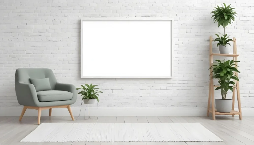 A Minimalist Interior Scene Featuring A White Brick Wall A Large Empty White Frame Mounted On The Wall A Light Colored Wooden Floor A Soft White Rug A Small Green Potted Plant Beside The Frame And A Simple Gray Ar 21 2cde
