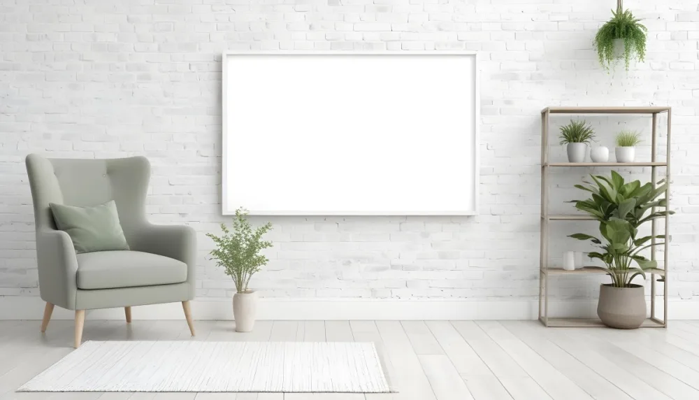 A Minimalist Interior Scene Featuring A White Brick Wall A Large Empty White Frame Mounted On The Wall A Light Colored Wooden Floor A Soft White Rug A Small Green Potted Plant Beside The Frame And A Simple Gray Ar 23 Bd5d