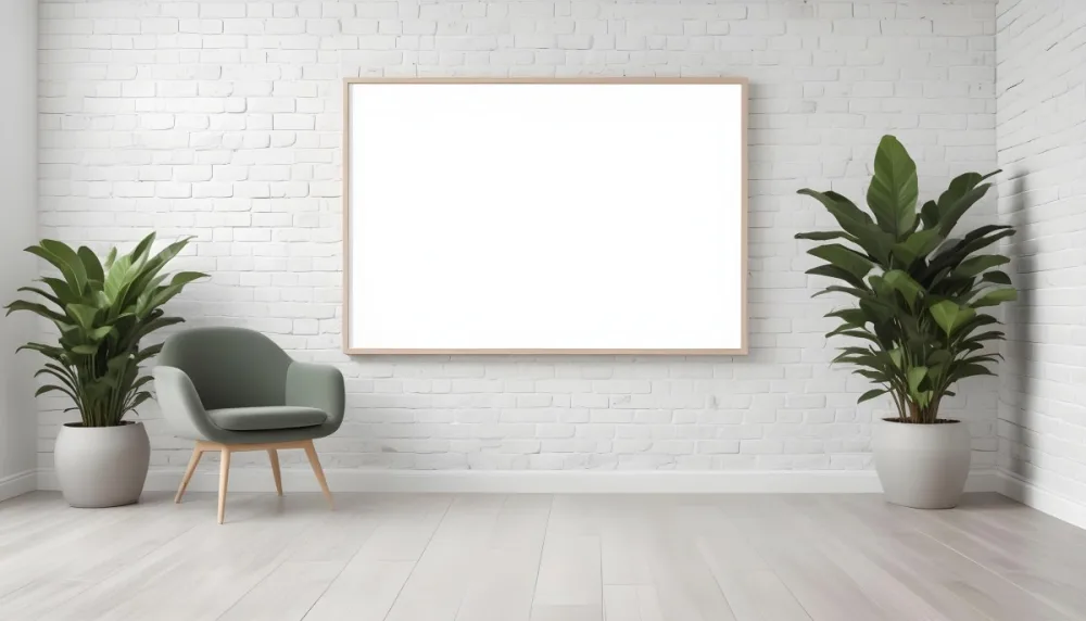 A Minimalist Interior Scene Featuring A White Brick Wall A Large Empty White Frame Mounted On The Wall A Light Colored Wooden Floor A Soft White Rug A Small Green Potted Plant Beside The Frame And A Simple Gray Ar 25 96ed