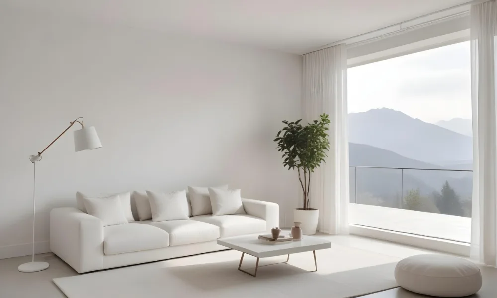 A Minimalist Interior Scene Featuring A White Brick Wall A Large Empty White Frame Mounted On The Wall A Light Colored Wooden Floor A Soft White Rug A Small Green Potted Plant Beside The Frame And A Simple Gray Ar 26 C287