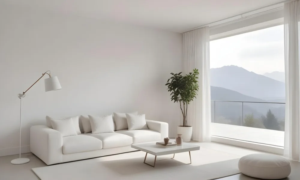 A Minimalist Interior Scene Featuring A White Brick Wall A Large Empty White Frame Mounted On The Wall A Light Colored Wooden Floor A Soft White Rug A Small Green Potted Plant Beside The Frame And A Simple Gray Ar 27 2d64