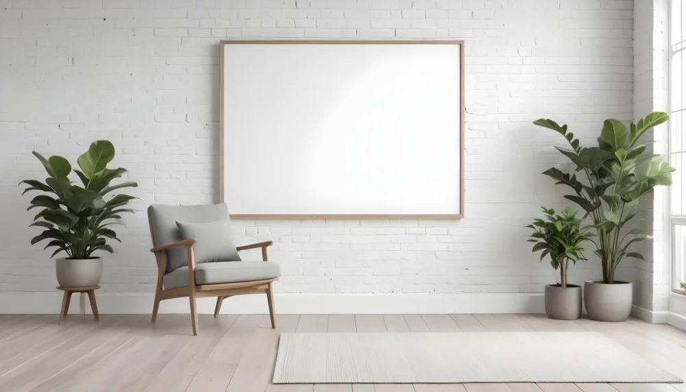 A Minimalist Interior Scene Featuring A White Brick Wall A Large Empty White Frame Mounted On The Wall A Light Colored Wooden Floor A Soft White Rug A Small Green Potted Plant Beside The Frame And A Simple Gray Ar 5 4e25
