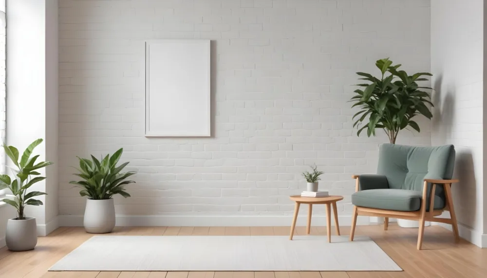 A Minimalist Interior Scene Featuring A White Brick Wall A Large Empty White Frame Mounted On The Wall A Light Colored Wooden Floor A Soft White Rug A Small Green Potted Plant Beside The Frame And A Simple Gray Ar 6 29a2