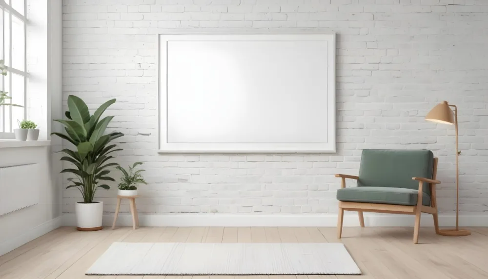 A Minimalist Interior Scene Featuring A White Brick Wall A Large Empty White Frame Mounted On The Wall A Light Colored Wooden Floor A Soft White Rug A Small Green Potted Plant Beside The Frame And A Simple Gray Ar 7 Afc4