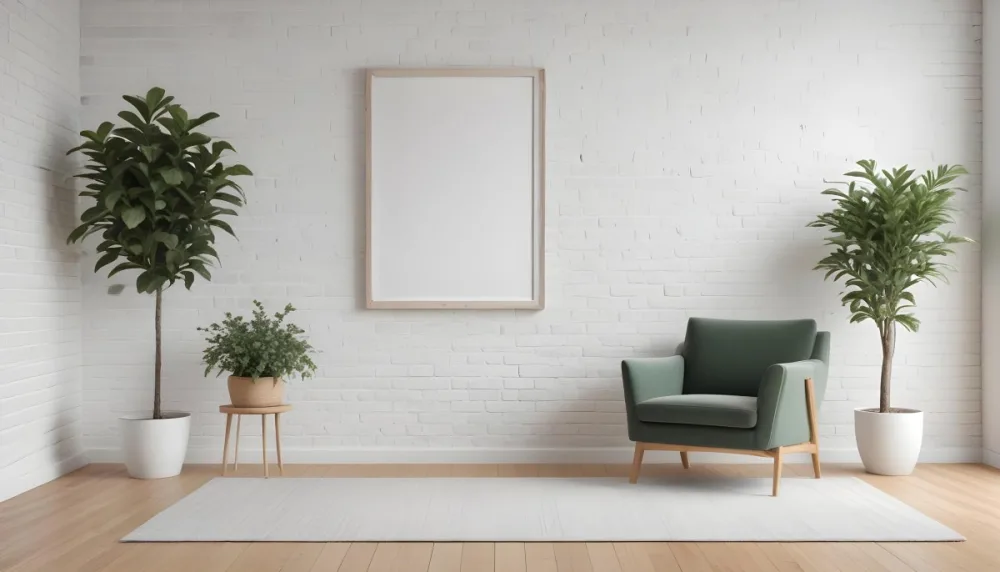 A Minimalist Interior Scene Featuring A White Brick Wall A Large Empty White Frame Mounted On The Wall A Light Colored Wooden Floor A Soft White Rug A Small Green Potted Plant Beside The Frame And A Simple Gray Ar 8 057c