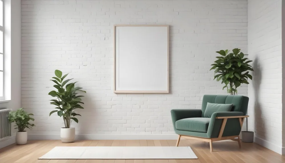 A Minimalist Interior Scene Featuring A White Brick Wall A Large Empty White Frame Mounted On The Wall A Light Colored Wooden Floor A Soft White Rug A Small Green Potted Plant Beside The Frame And A Simple Gray Ar 9 6c0c