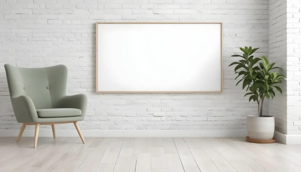 A Minimalist Interior Scene Featuring A White Brick Wall A Large Empty Wooden Frame Mounted On The Wall A Light Colored Wooden Floor A Cozy Green Armchair And A Small Green Plant In A Pot Beside The Chair A Soft Gray 10 A901