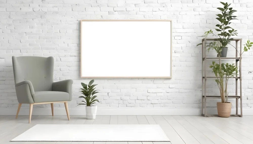 A Minimalist Interior Scene Featuring A White Brick Wall A Large Empty Wooden Frame Mounted On The Wall A Light Colored Wooden Floor A Cozy Green Armchair And A Small Green Plant In A Pot Beside The Chair A Soft Gray 11 43a2