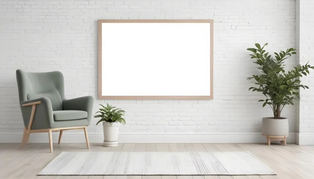 A Minimalist Interior Scene Featuring A White Brick Wall A Large Empty Wooden Frame Mounted On The Wall A Light Colored Wooden Floor A Cozy Green Armchair And A Small Green Plant In A Pot Beside The Chair A Soft Gray 16 Ddc9