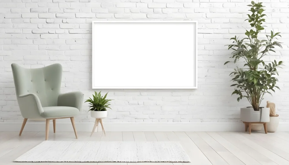 A Minimalist Interior Scene Featuring A White Brick Wall A Large Empty Wooden Frame Mounted On The Wall A Light Colored Wooden Floor A Cozy Green Armchair And A Small Green Plant In A Pot Beside The Chair A Soft Gray 20 A936