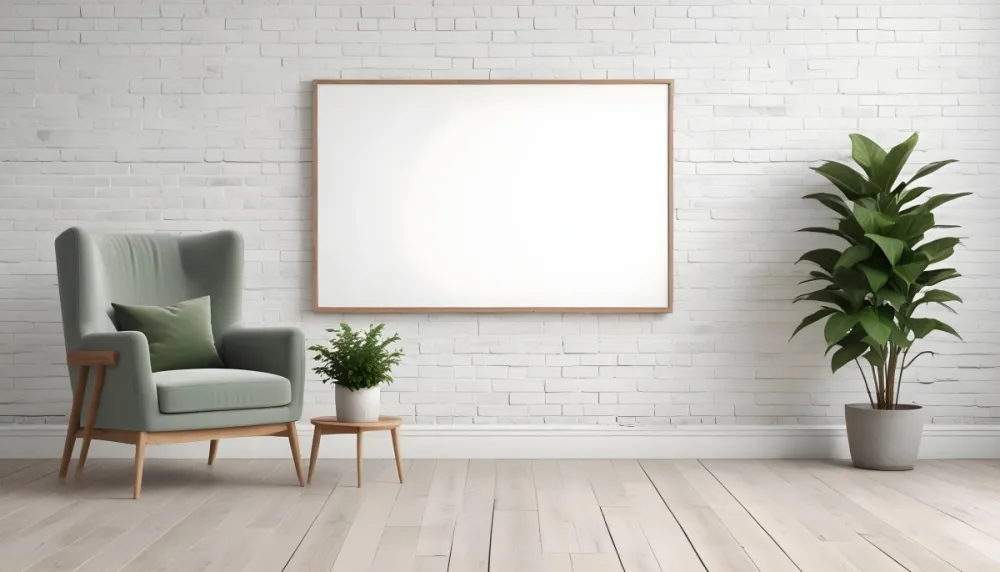 A Minimalist Interior Scene Featuring A White Brick Wall A Large Empty Wooden Frame Mounted On The Wall A Light Colored Wooden Floor A Cozy Green Armchair And A Small Green Plant In A Pot Beside The Chair A Soft Gray 33 F4de