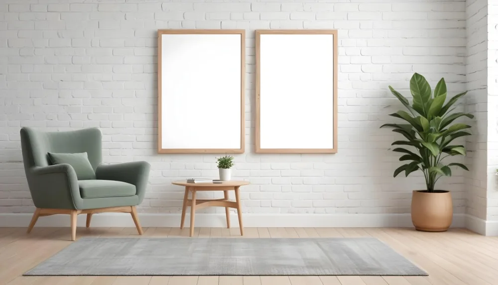 A Minimalist Interior Scene Featuring A White Brick Wall A Large Empty Wooden Frame Mounted On The Wall A Light Colored Wooden Floor A Cozy Green Armchair And A Small Green Plant In A Pot Beside The Chair A Soft Gray 36 733c