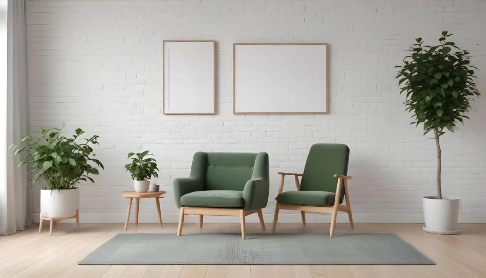 A Minimalist Interior Scene Featuring A White Brick Wall A Large Empty Wooden Frame Mounted On The Wall A Light Colored Wooden Floor A Cozy Green Armchair And A Small Green Plant In A Pot Beside The Chair A Soft Gray 37 9a74