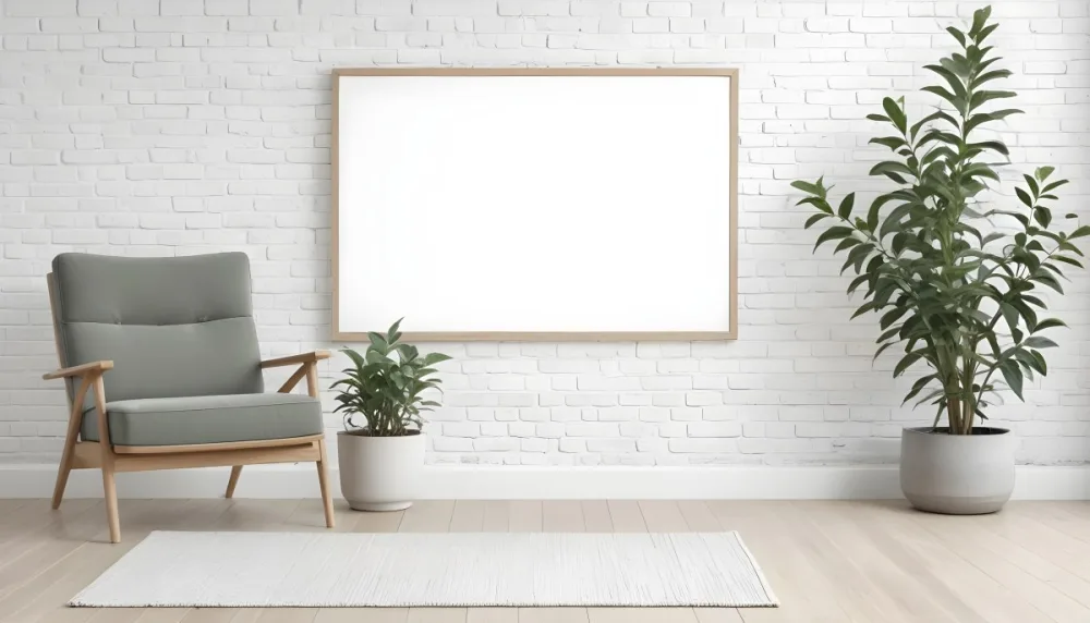 A Minimalist Interior Scene Featuring A White Brick Wall A Large Empty Wooden Frame Mounted On The Wall A Light Colored Wooden Floor A Cozy Green Armchair And A Small Green Plant In A Pot Beside The Chair A Soft Gray 40 D0c6