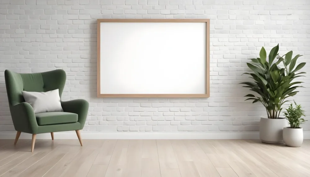 A Minimalist Interior Scene Featuring A White Brick Wall A Large Empty Wooden Frame Mounted On The Wall A Light Colored Wooden Floor A Cozy Green Armchair And A Small Green Plant In A Pot Beside The Chair A Soft Gray 41 7d05