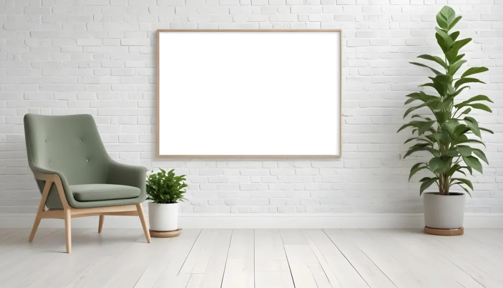 A Minimalist Interior Scene Featuring A White Brick Wall A Large Empty Wooden Frame Mounted On The Wall A Light Colored Wooden Floor A Cozy Green Armchair And A Small Green Plant In A Pot Beside The Chair A Soft Gray 43 2a86