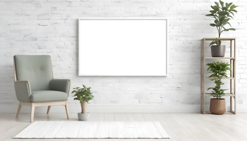 A Minimalist Interior Scene Featuring A White Brick Wall A Large Empty Wooden Frame Mounted On The Wall A Light Colored Wooden Floor A Cozy Green Armchair And A Small Green Plant In A Pot Beside The Chair A Soft Gray 44 8b73