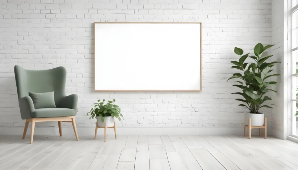 A Minimalist Interior Scene Featuring A White Brick Wall A Large Empty Wooden Frame Mounted On The Wall A Light Colored Wooden Floor A Cozy Green Armchair And A Small Green Plant In A Pot Beside The Chair A Soft Gray 45 7fdc