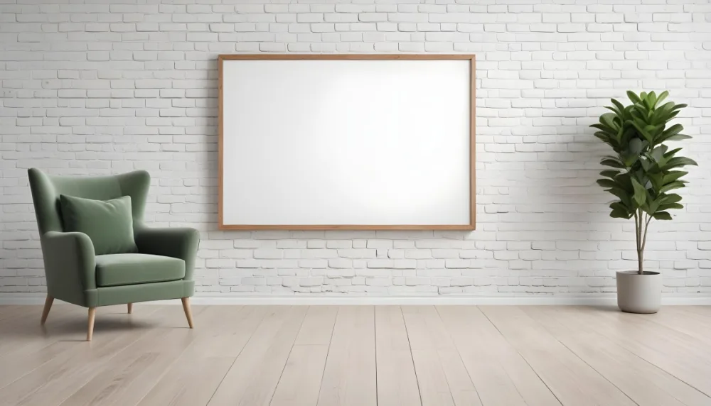 A Minimalist Interior Scene Featuring A White Brick Wall A Large Empty Wooden Frame Mounted On The Wall A Light Colored Wooden Floor A Cozy Green Armchair And A Small Green Plant In A Pot Beside The Chair A Soft Gray 46 D935