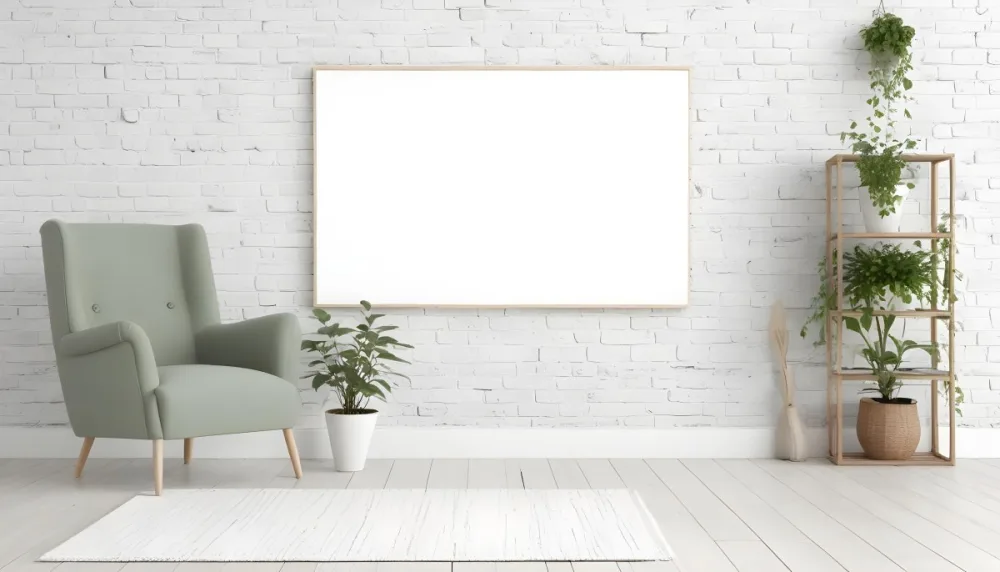 A Minimalist Interior Scene Featuring A White Brick Wall A Large Empty Wooden Frame Mounted On The Wall A Light Colored Wooden Floor A Cozy Green Armchair And A Small Green Plant In A Pot Beside The Chair A Soft Gray 47 E0ce