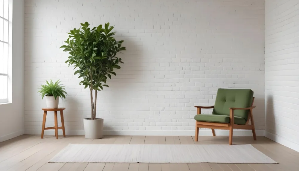 A Minimalist Interior Scene Featuring A White Brick Wall A Large Empty Wooden Frame Mounted On The Wall A Light Colored Wooden Floor A Cozy Green Armchair And A Small Green Plant In A Pot Beside The Chair A Soft Gray 5 Db10