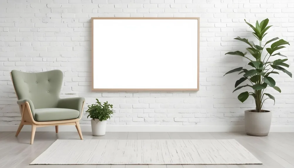A Minimalist Interior Scene Featuring A White Brick Wall A Large Empty Wooden Frame Mounted On The Wall A Light Colored Wooden Floor A Cozy Green Armchair And A Small Green Plant In A Pot Beside The Chair A Soft Gray 6 2c62
