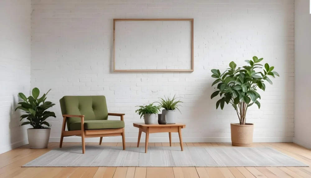 A Minimalist Interior Scene Featuring A White Brick Wall A Large Empty Wooden Frame Mounted On The Wall A Light Colored Wooden Floor A Cozy Green Armchair And A Small Green Plant In A Pot Beside The Chair A Soft Gray 7 Bd7d