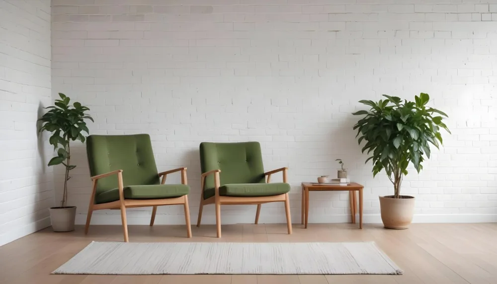 A Minimalist Interior Scene Featuring A White Brick Wall A Large Empty Wooden Frame Mounted On The Wall A Light Colored Wooden Floor A Cozy Green Armchair And A Small Green Plant In A Pot Beside The Chair A Soft Gray 8 7979