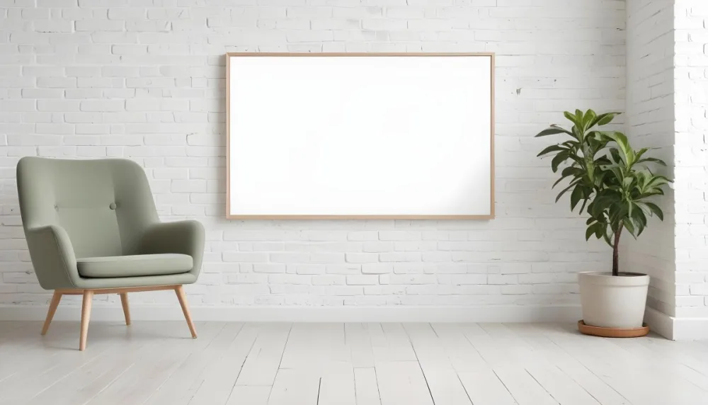 A Minimalist Interior Scene Featuring A White Brick Wall A Large Empty Wooden Frame Mounted On The Wall A Light Colored Wooden Floor A Cozy Green Armchair And A Small Green Plant In A Pot Beside The Chair A Soft Gray 9 E38f
