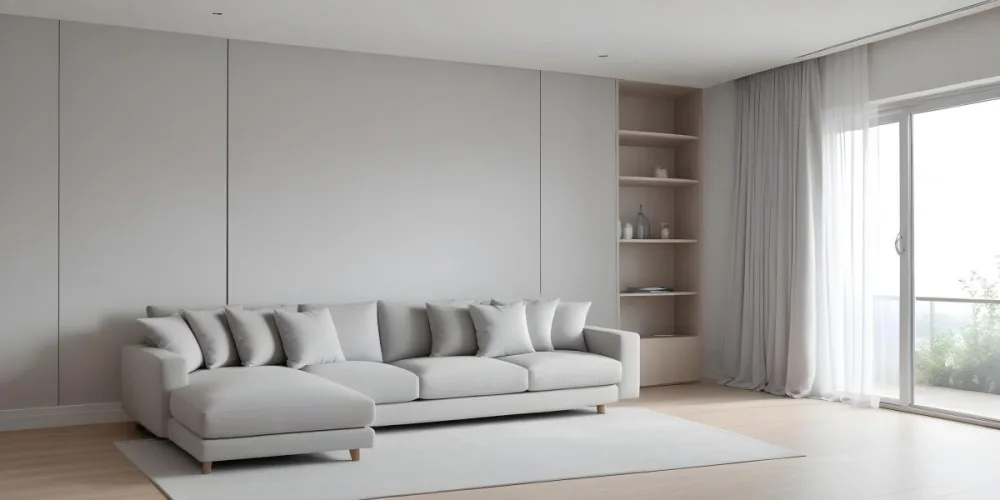 A Minimalist Interior Space Featuring A Gray Sofa With Cushions A Light Colored Wooden Floor And A Wall With A Panel Design There Is A Large Window With Sheer Curtains Allowing Natural Light To Enter And A Tall Cabi 19 9751