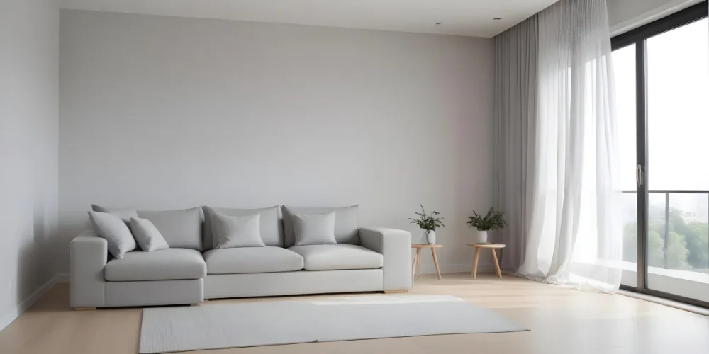 A Minimalist Interior Space Featuring A Gray Sofa With Cushions A Light Colored Wooden Floor And A Wall With A Panel Design There Is A Large Window With Sheer Curtains Allowing Natural Light To Enter And A Tall Cabi 22 E47d