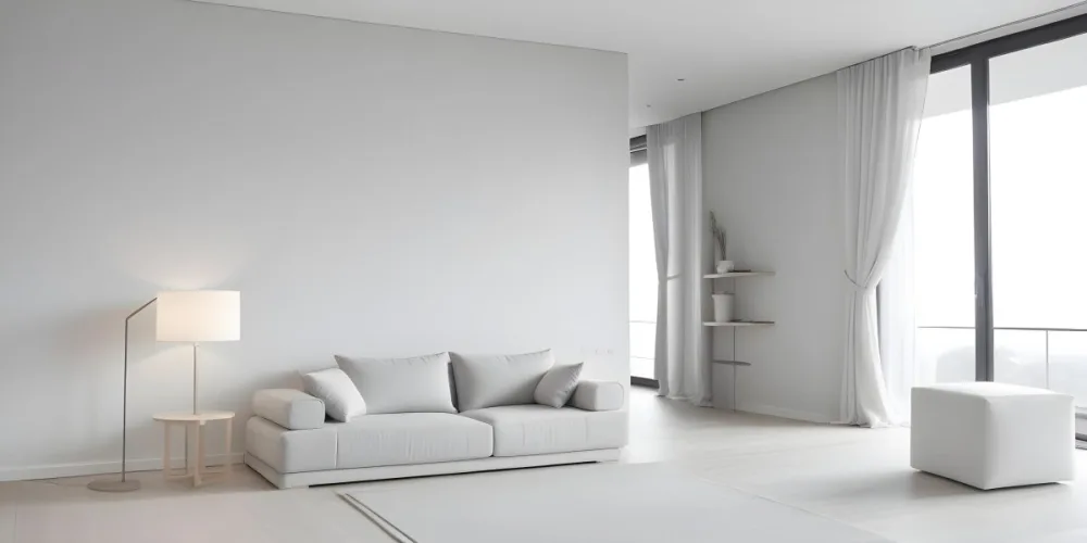 A Minimalist Interior Space Featuring A Gray Sofa With Cushions A Light Colored Wooden Floor And A Wall With A Panel Design There Is A Large Window With Sheer Curtains Allowing Natural Light To Enter And A Tall Cabi 31 3ce2