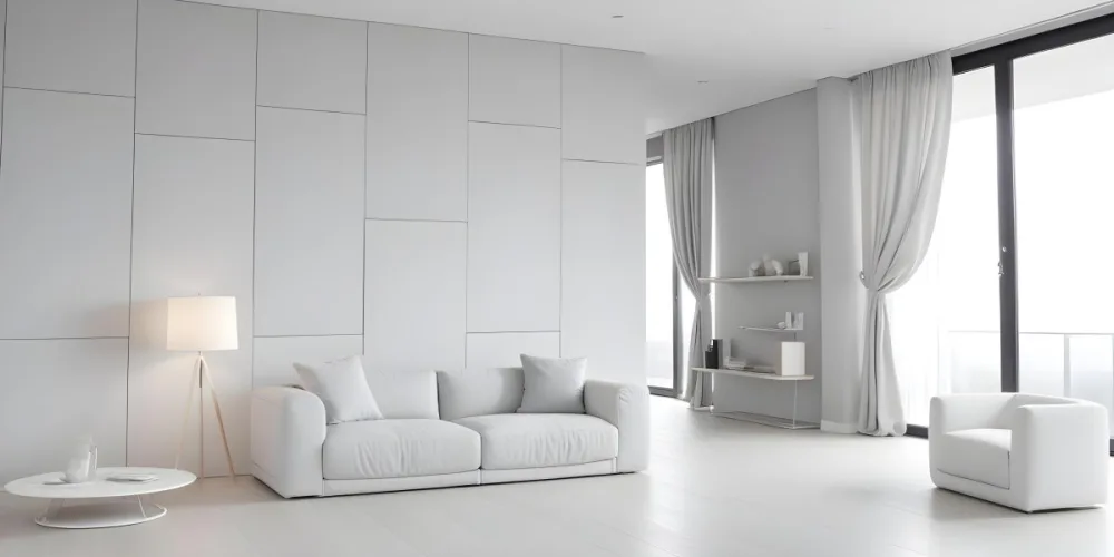 A Minimalist Interior Space Featuring A Gray Sofa With Cushions A Light Colored Wooden Floor And A Wall With A Panel Design There Is A Large Window With Sheer Curtains Allowing Natural Light To Enter And A Tall Cabi 36 10d6