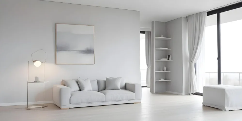 A Minimalist Interior Space Featuring A Gray Sofa With Cushions A Light Colored Wooden Floor And A Wall With A Panel Design There Is A Large Window With Sheer Curtains Allowing Natural Light To Enter And A Tall Cabi 4 8f81