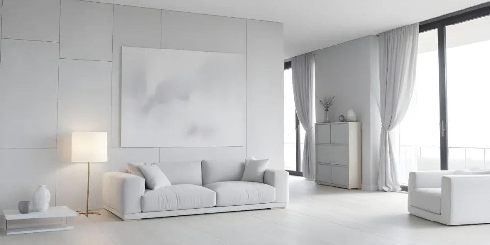 A Minimalist Interior Space Featuring A Gray Sofa With Cushions A Light Colored Wooden Floor And A Wall With A Panel Design There Is A Large Window With Sheer Curtains Allowing Natural Light To Enter And A Tall Cabi 5 777d