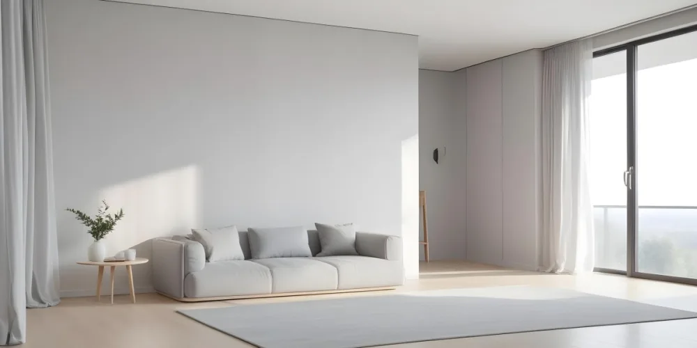 A Minimalist Interior Space Featuring A Gray Sofa With Cushions A Light Colored Wooden Floor And A Wall With A Panel Design There Is A Large Window With Sheer Curtains Allowing Natural Light To Enter And A Tall Cabi 60 4972