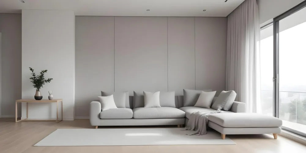 A Minimalist Interior Space Featuring A Gray Sofa With Cushions A Light Colored Wooden Floor And A Wall With A Panel Design There Is A Large Window With Sheer Curtains Allowing Natural Light To Enter And A Tall Cabi 61 7a56