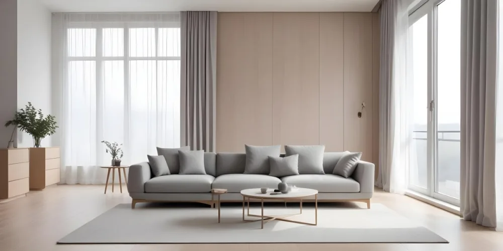 A Minimalist Interior Space Featuring A Gray Sofa With Cushions A Light Colored Wooden Floor And A Wall With A Panel Design There Is A Large Window With Sheer Curtains Allowing Natural Light To Enter And A Tall Cabi 63 2993