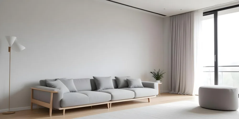A Minimalist Interior Space Featuring A Gray Sofa With Cushions A Light Colored Wooden Floor And A Wall With A Panel Design There Is A Large Window With Sheer Curtains Allowing Natural Light To Enter And A Tall Cabi 64 Bb74