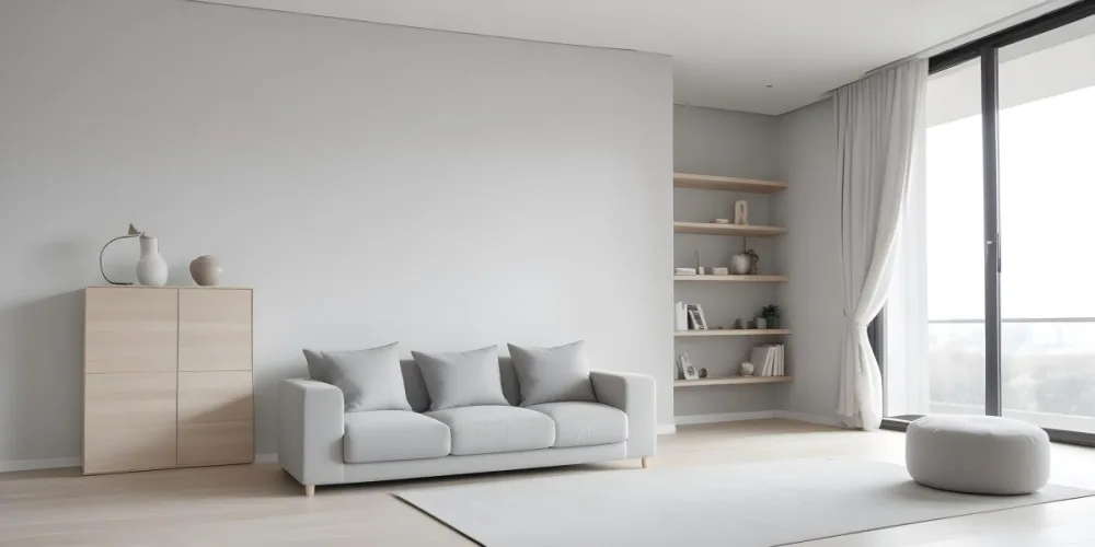 A Minimalist Interior Space Featuring A Gray Sofa With Cushions A Light Colored Wooden Floor And A Wall With A Panel Design There Is A Large Window With Sheer Curtains Allowing Natural Light To Enter And A Tall Cabi 66 96a5