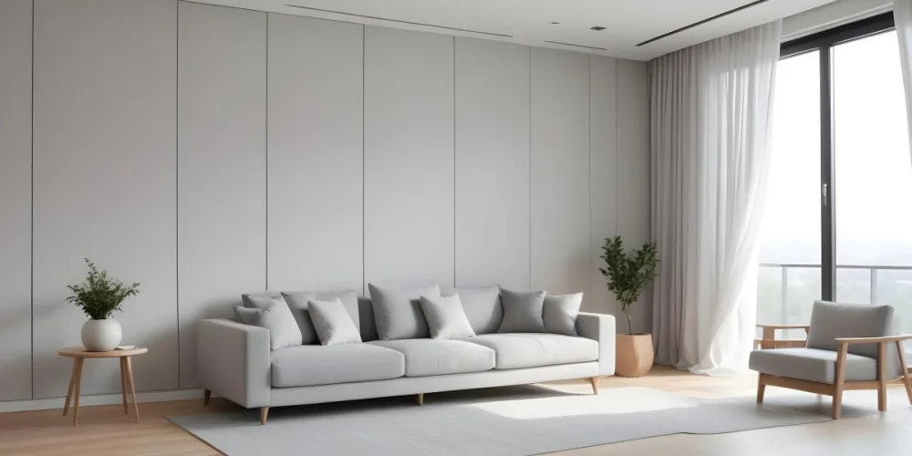 A Minimalist Interior Space Featuring A Gray Sofa With Cushions A Light Colored Wooden Floor And A Wall With A Panel Design There Is A Large Window With Sheer Curtains Allowing Natural Light To Enter And A Tall Cabi 67 A383