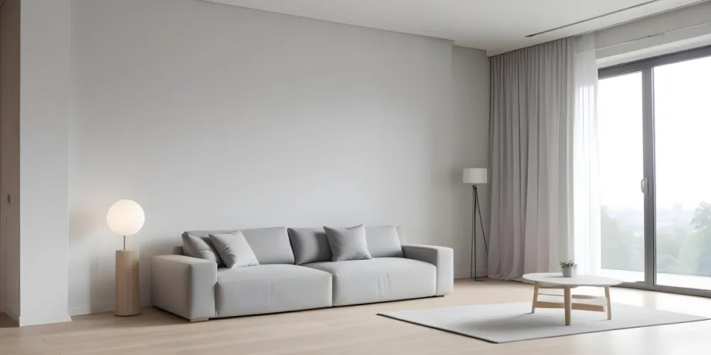 A Minimalist Interior Space Featuring A Gray Sofa With Cushions A Light Colored Wooden Floor And A Wall With A Panel Design There Is A Large Window With Sheer Curtains Allowing Natural Light To Enter And A Tall Cabi 68 4060