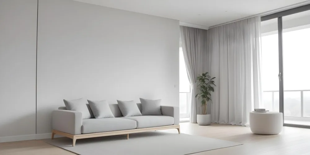 A Minimalist Interior Space Featuring A Gray Sofa With Cushions A Light Colored Wooden Floor And A Wall With A Panel Design There Is A Large Window With Sheer Curtains Allowing Natural Light To Enter And A Tall Cabi 69 Ecf6