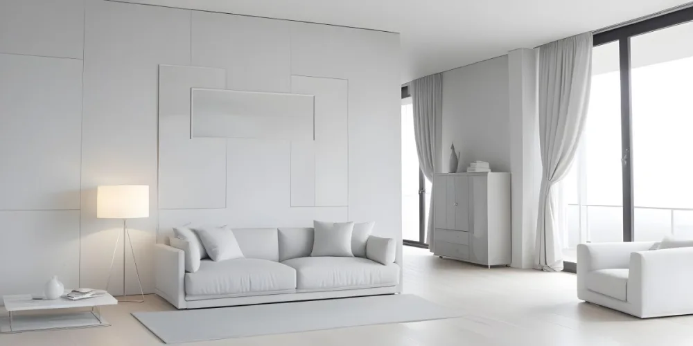 A Minimalist Interior Space Featuring A Gray Sofa With Cushions A Light Colored Wooden Floor And A Wall With A Panel Design There Is A Large Window With Sheer Curtains Allowing Natural Light To Enter And A Tall Cabi 7 Bb3b