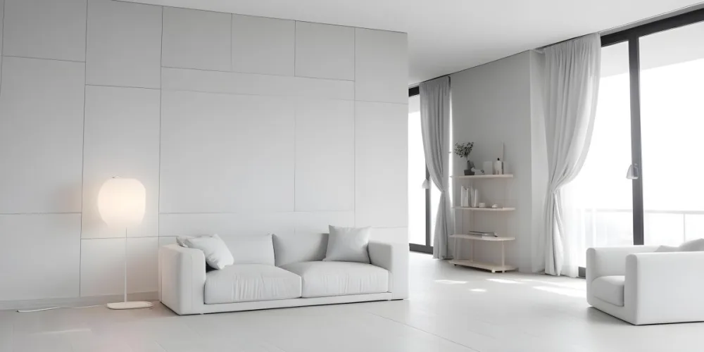 A Minimalist Interior Space Featuring A Gray Sofa With Cushions A Light Colored Wooden Floor And A Wall With A Panel Design There Is A Large Window With Sheer Curtains Allowing Natural Light To Enter And A Tall Cabi 9 Bef2