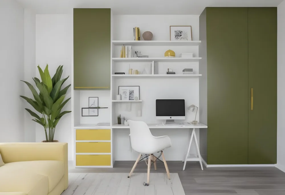 A Modern Home Office With A White Desk A White Chair And Shelving Units On The Wall The Color Scheme Is Mostly Neutral With Pops Of Yellow And Green Accents 2 51a5