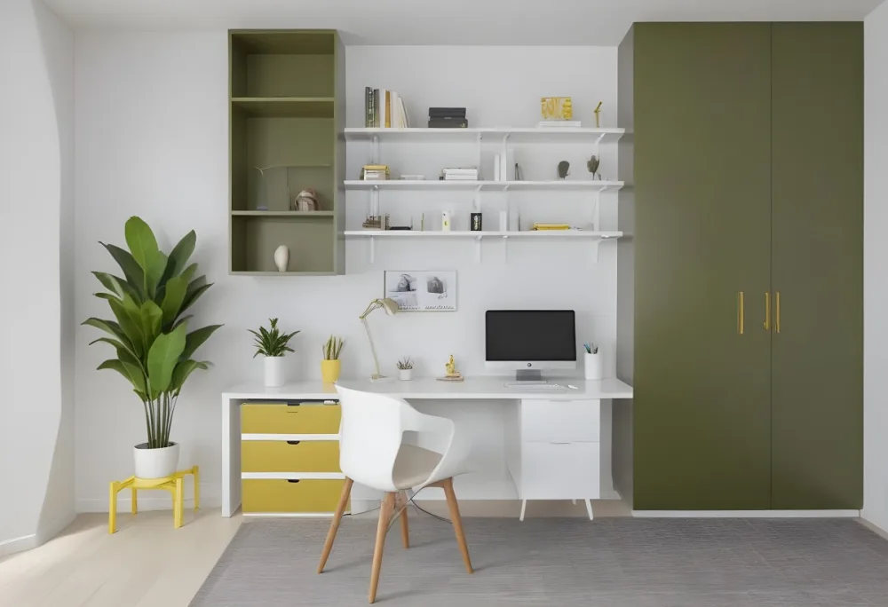 A Modern Home Office With A White Desk A White Chair And Shelving Units On The Wall The Color Scheme Is Mostly Neutral With Pops Of Yellow And Green Accents 3 4b73