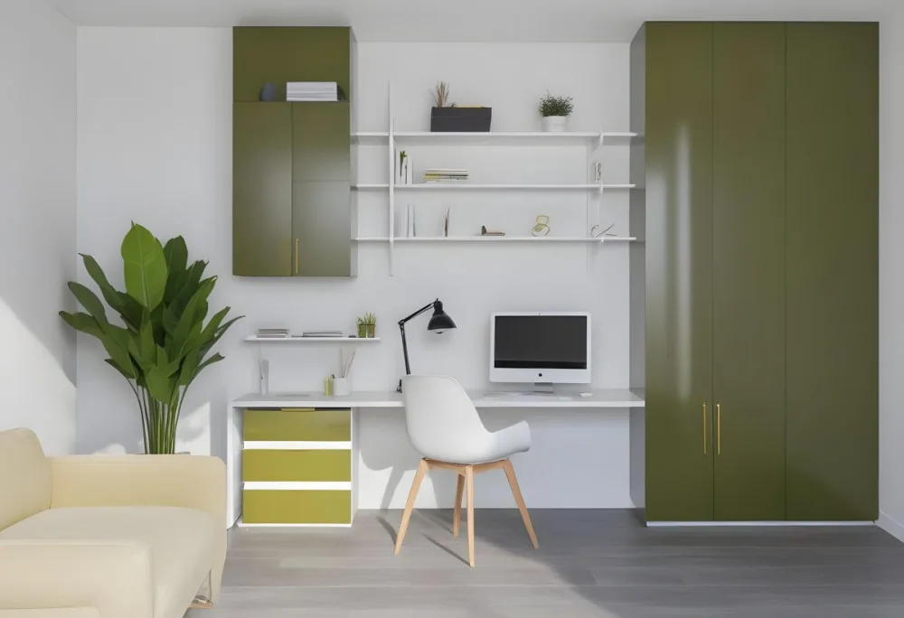 A Modern Home Office With A White Desk A White Chair And Shelving Units On The Wall The Color Scheme Is Mostly Neutral With Pops Of Yellow And Green Accents 4 F057